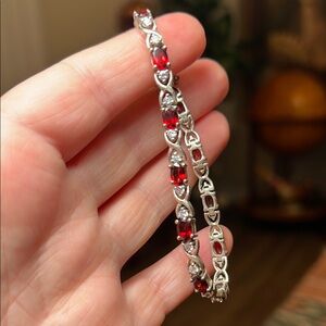 Vintage DBJ Designer Signed Sterling Silver Red Garnet Tennis Bracelet
